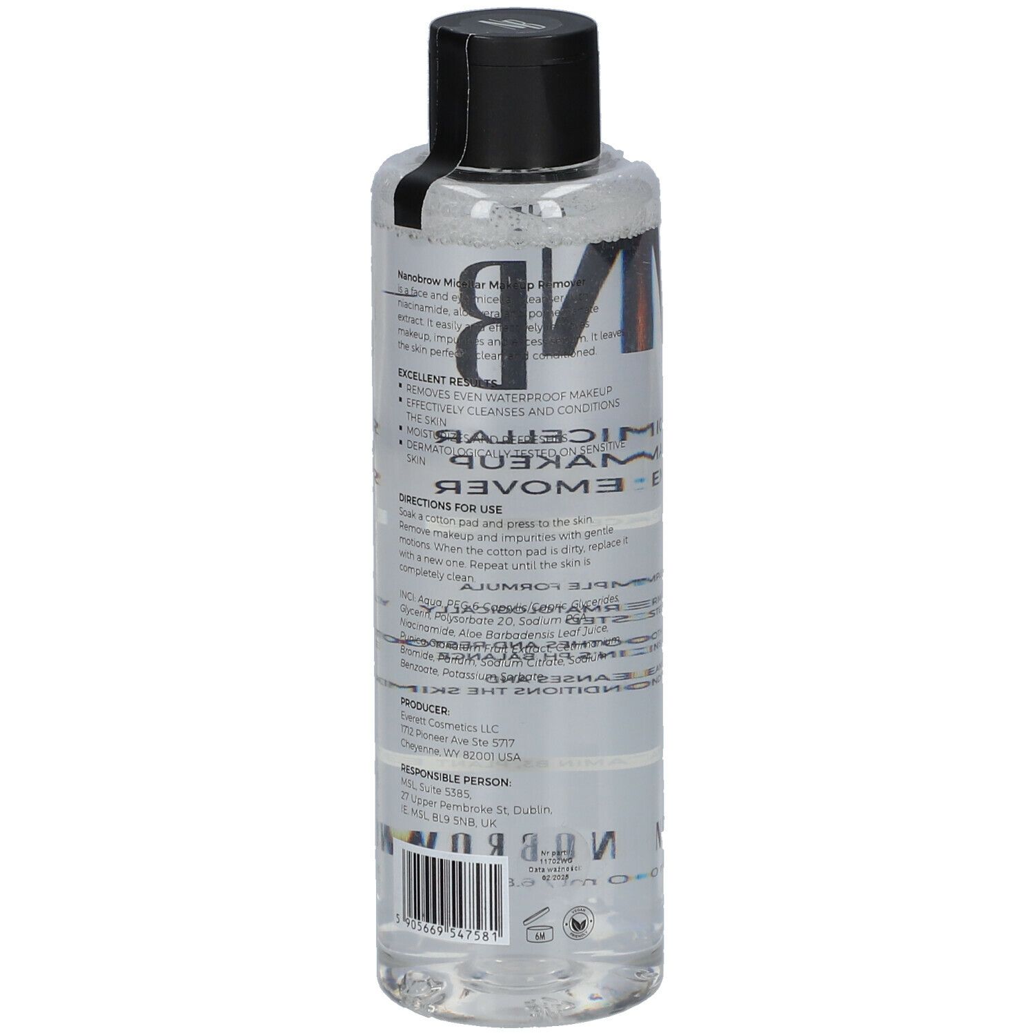 Flasche mit klarer Flüssigkeit und schwarzem Deckel. Rückseite mit Text. NANOBROW Micellar Make Up Remover.
