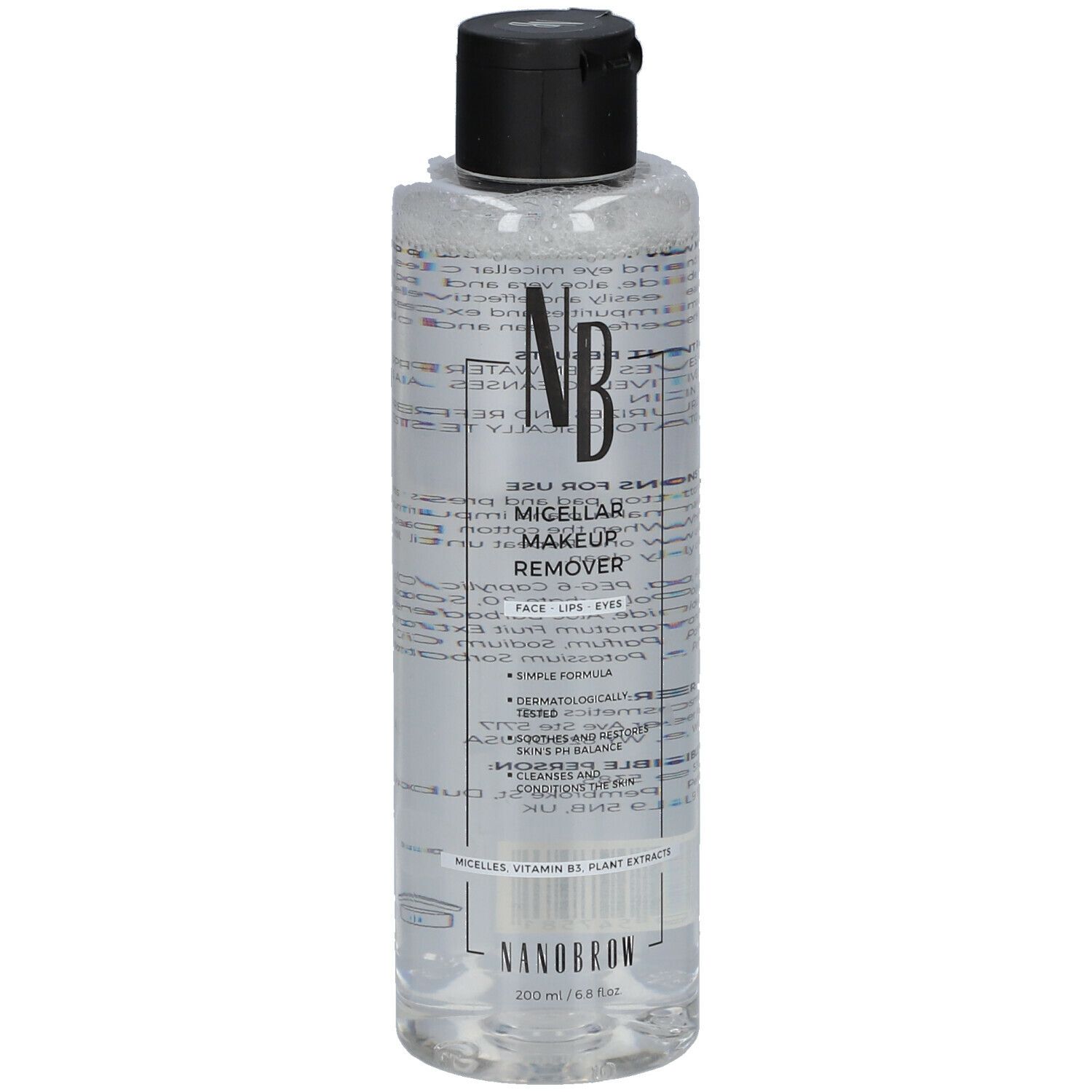 Flasche mit klarer Flüssigkeit und schwarzem Deckel. Aufschrift: NANOBROW Micellar Make Up Remover.