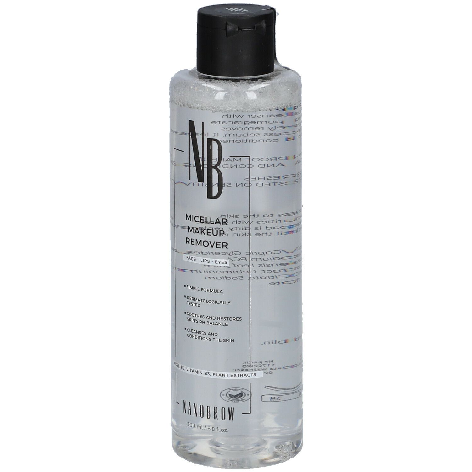 Flasche mit klarer Flüssigkeit und schwarzem Deckel. Aufschrift: NANOBROW Micellar Make Up Remover.