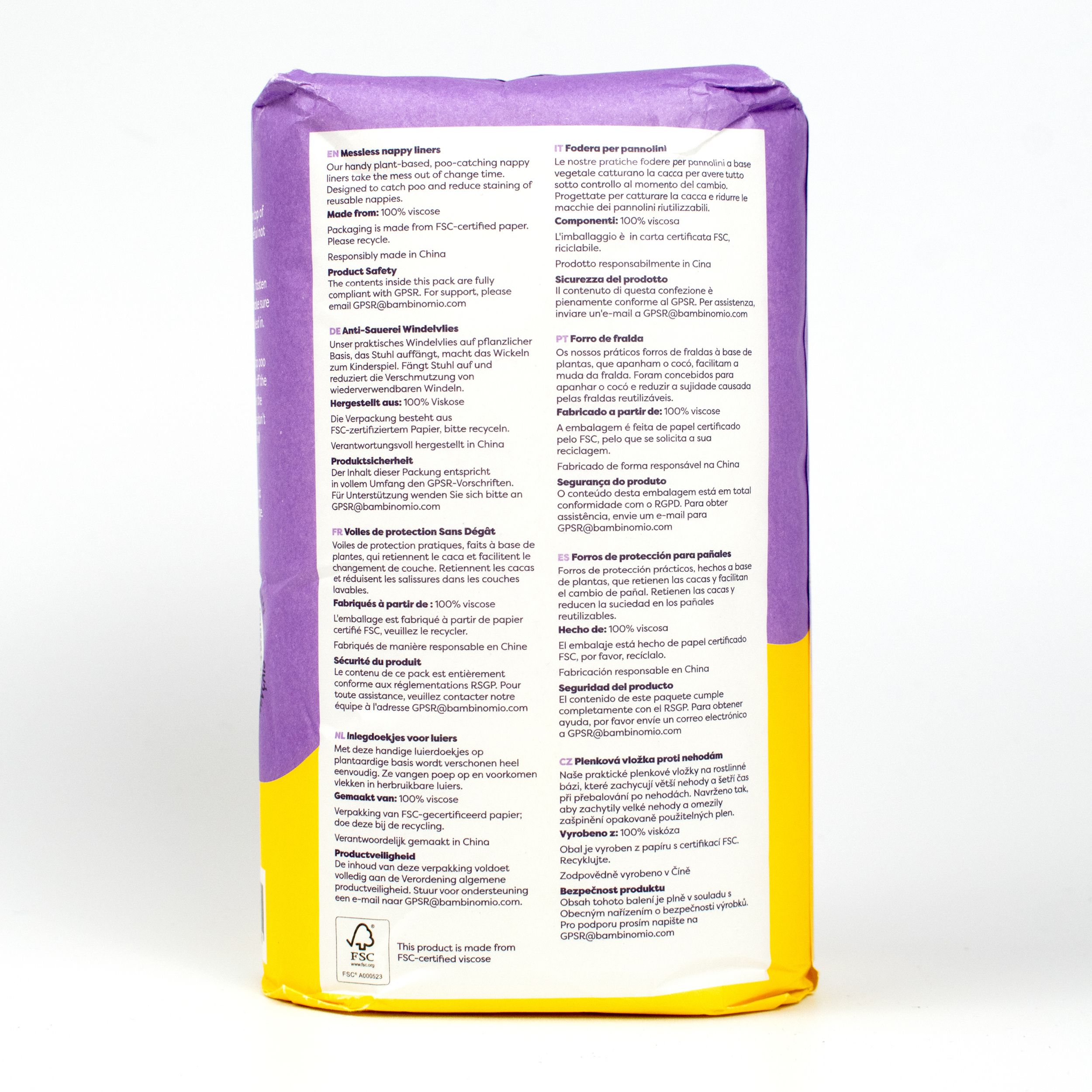 Rückseite der Verpackung 'Mess Less happy liners'. Text in mehreren Sprachen. FSC-Zertifizierung.