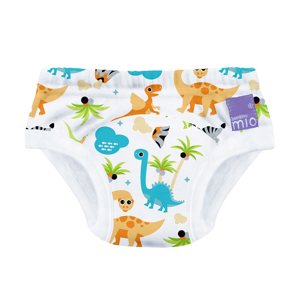 Weiße Trainingshose mit Dinosaurier-Motiv. Elastischer Bund, farbige Illustrationen. Marke: bambino mio.