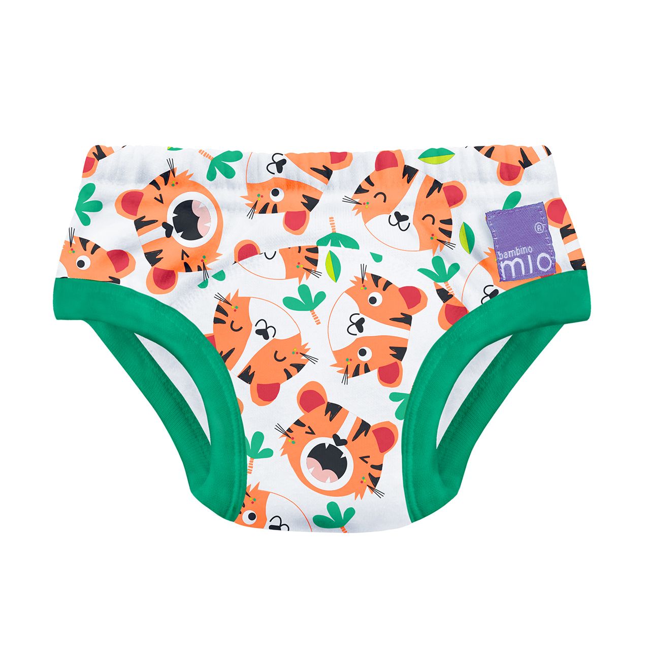 Culotte d'apprentissage blanche à motifs tigrés, bordure verte. Petit label avec logo.