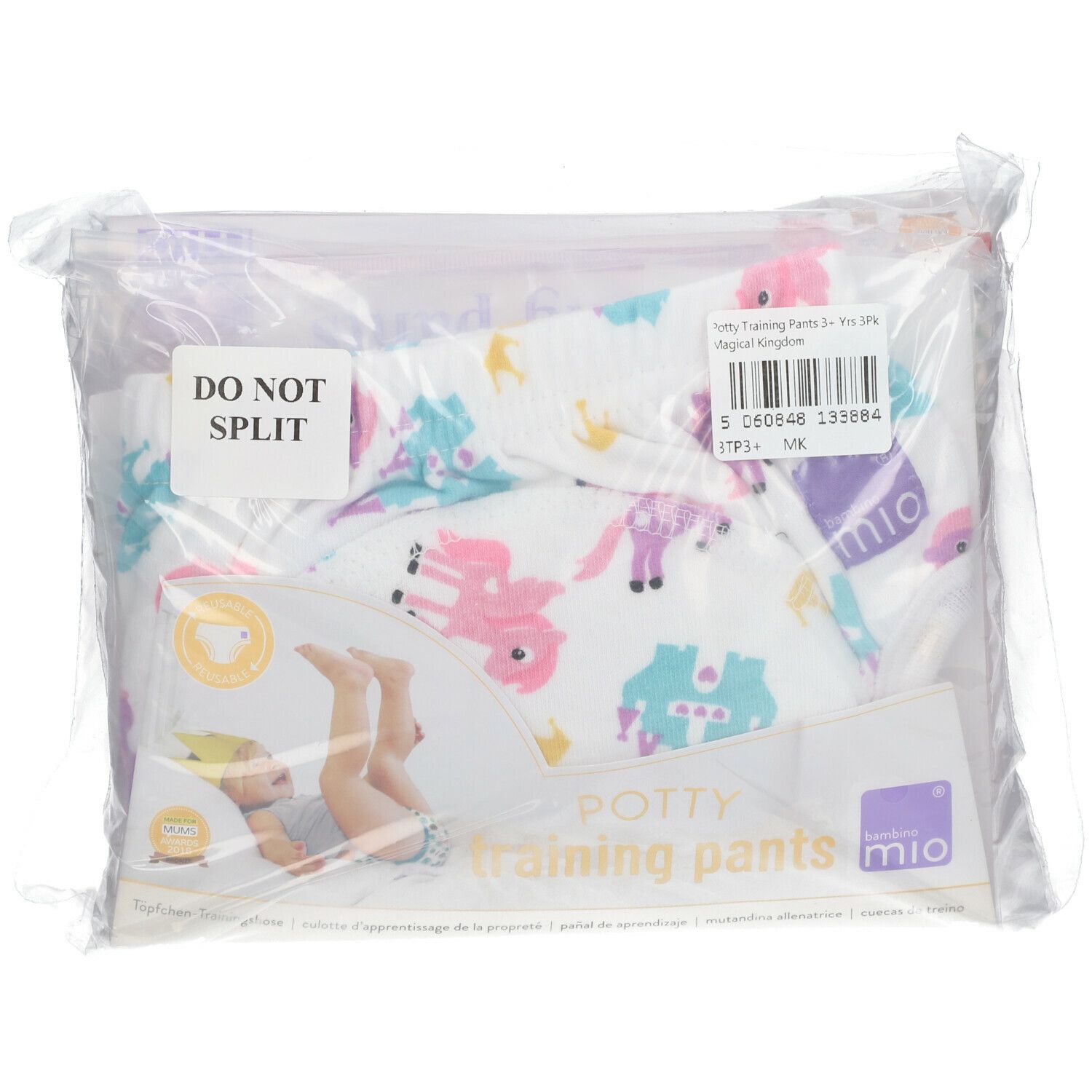Trainingshose mit bunten Einhörnern in Verpackung. Marke Mio. Aufdruck: Potty Training Pants.