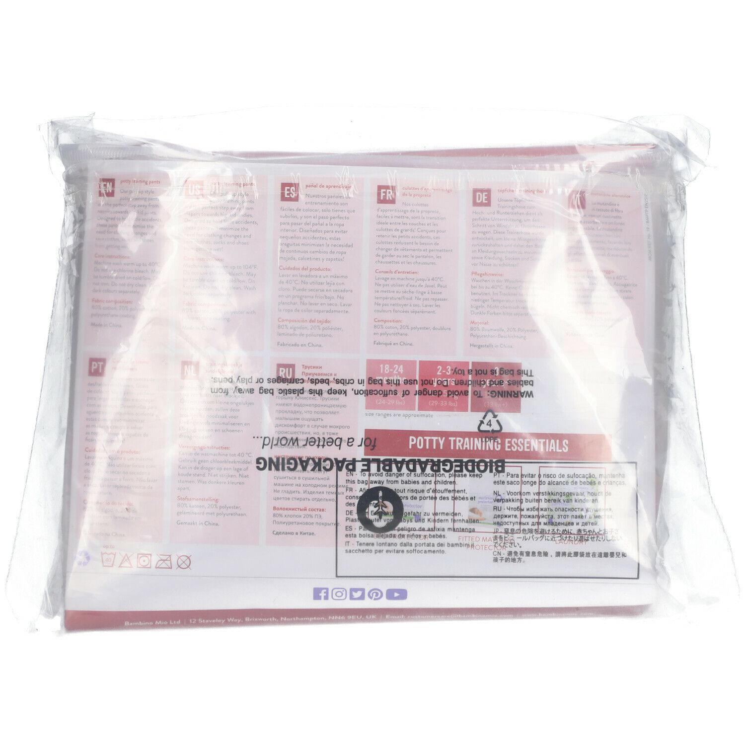 Rückseite der Verpackung mit Text in verschiedenen Sprachen. Aufdruck: Potty Training Essentials.