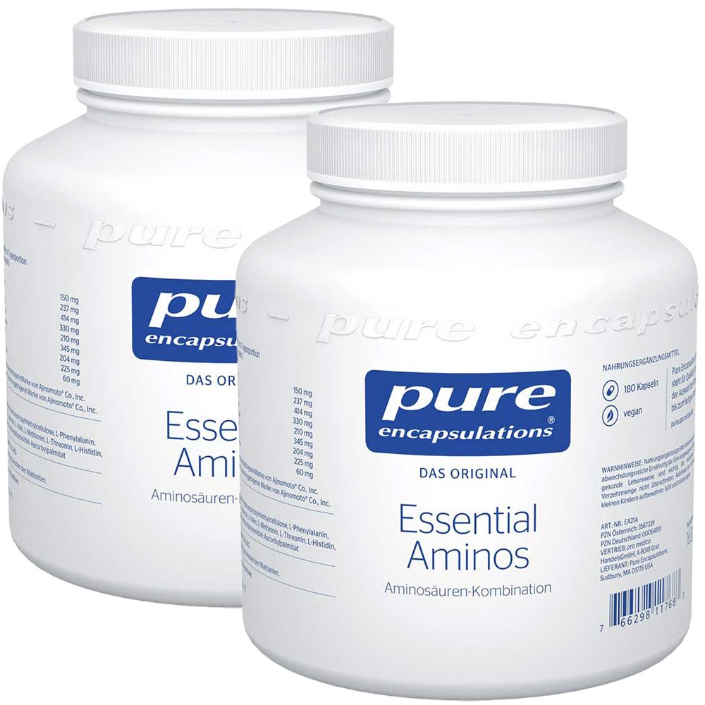 Zwei weiße Flaschen mit blauen Etiketten. Aufschrift: Pure Encapsulations Essential Aminos. Vegan-Siegel.