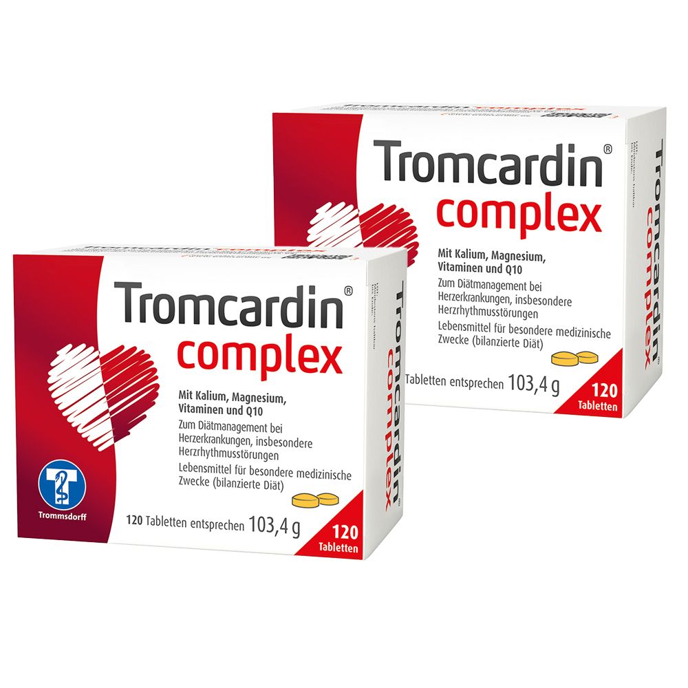 Zwei Packungen Tromcardin® complex. Weiße Schachteln mit roter Schrift und Herzsymbol. Enthält 120 Tabletten.