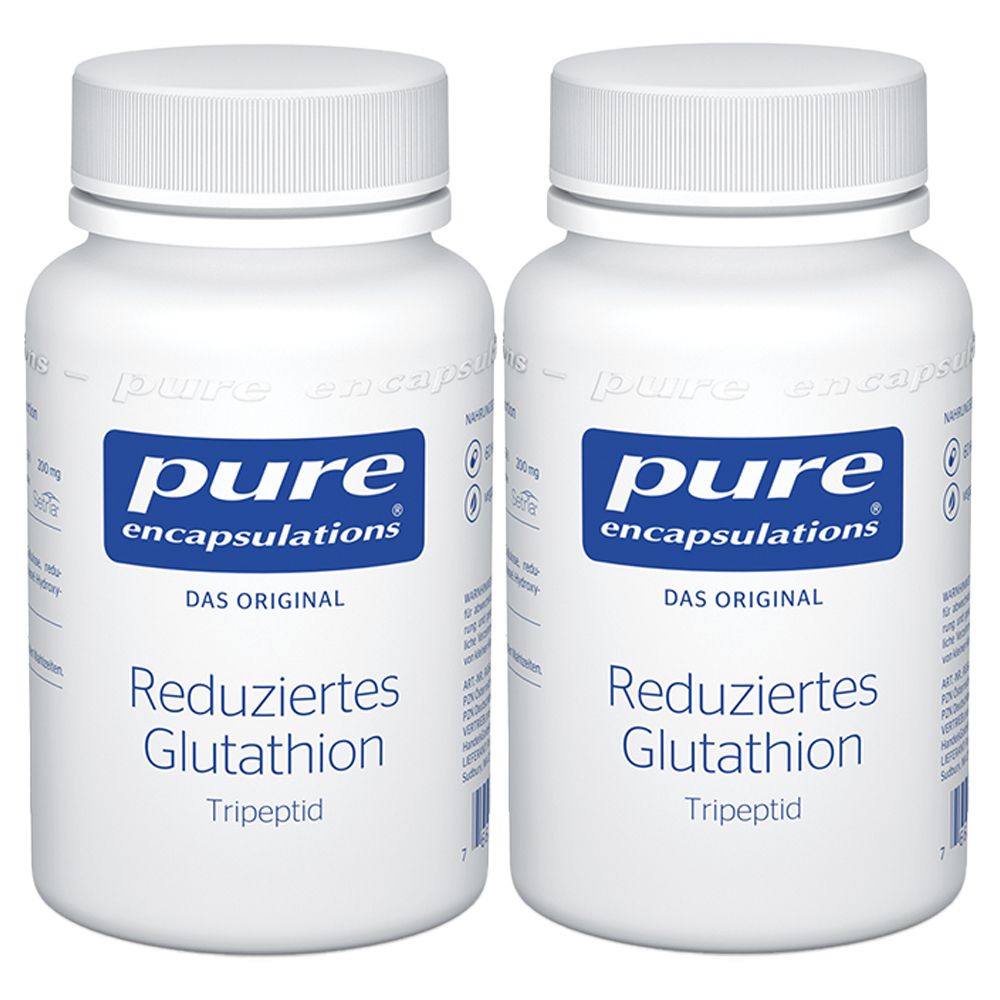 Zwei weiße Flaschen mit blauem Etikett. Aufschrift: pure encapsulations, Reduziertes Glutathion, Tripeptid.