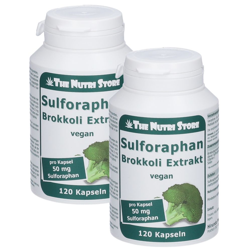 Zwei weiße Flaschen mit Etiketten. Aufschrift: Sulforaphan Brokkoli Extrakt, vegan. Enthält 120 Kapseln. Marke: The Nutri Store.