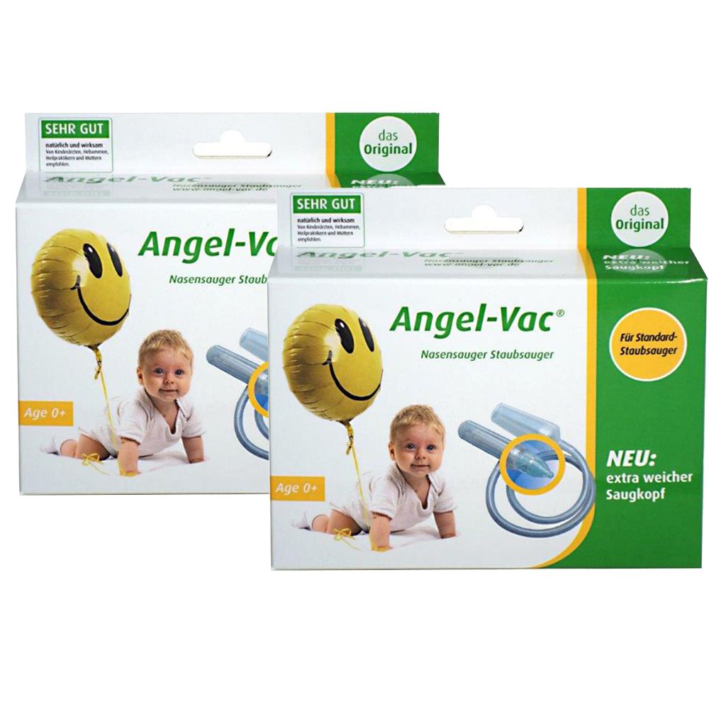 Deux boîtes de l'aspirateur nasal Angel-Vac. Impression : bébé, ballon smiley, "SEHR GUT", "das Original", "NEU: extra weicher Saugkopf".