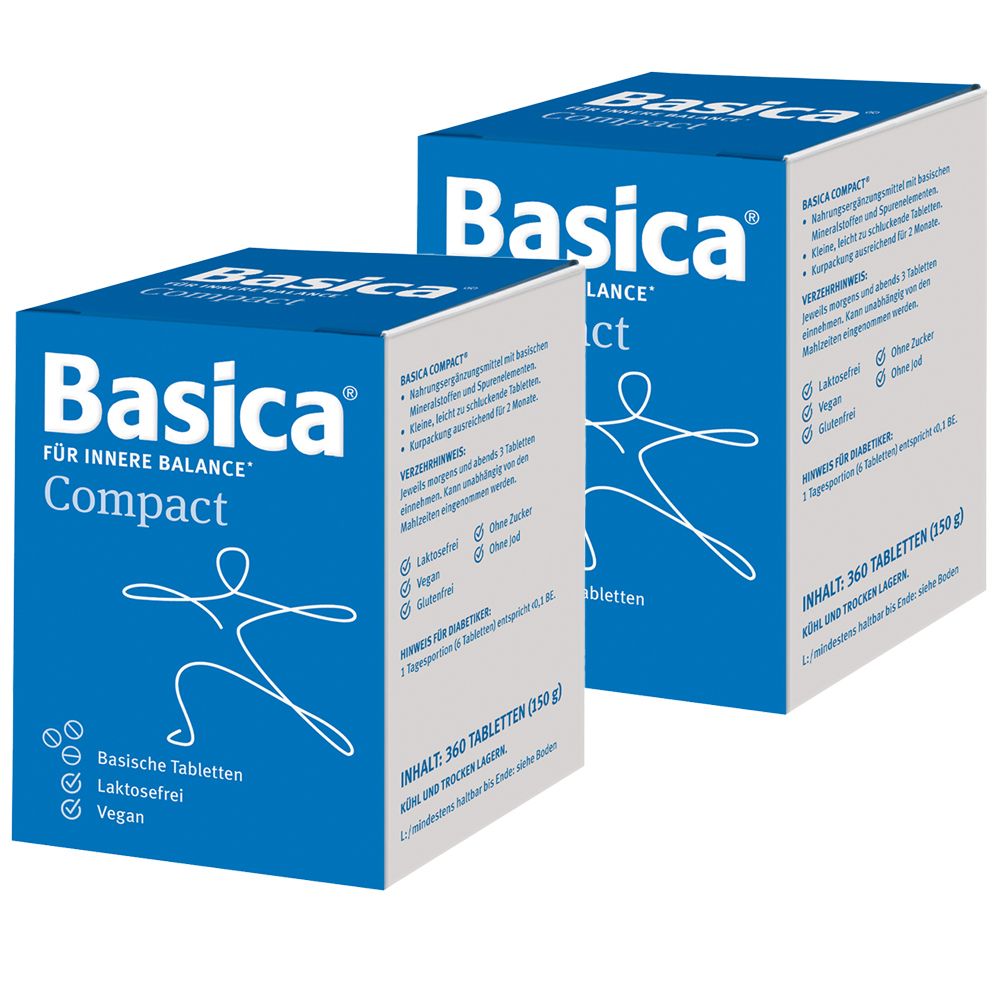 Zwei blaue Kartons mit der Aufschrift "Basica Compact". Aufschrift: Basische Tabletten, laktosefrei, vegan. Enthält 360 Tabletten.