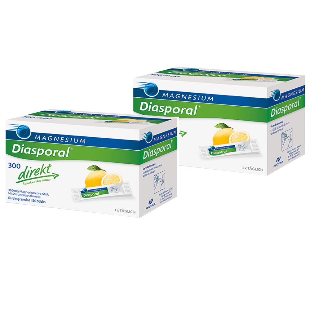 Zwei Kartons mit Magnesium Diasporal direkt Zitrone. Weiße Verpackung mit grünen und blauen Akzenten. Produktabbildung und Schriftzug.