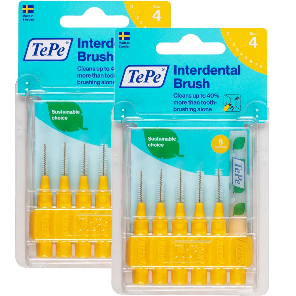 Zwei Packungen TePe Interdentalbürsten, gelb. Jede Packung enthält 6 Bürsten. Aufschrift: "Sustainable choice".