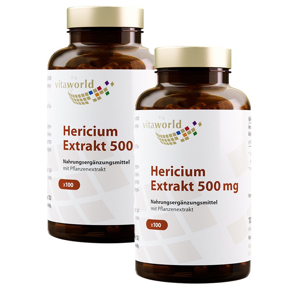 Deux flacons bruns avec étiquettes. Les étiquettes indiquent "vitaworld Hericium Extrakt 500 mg".