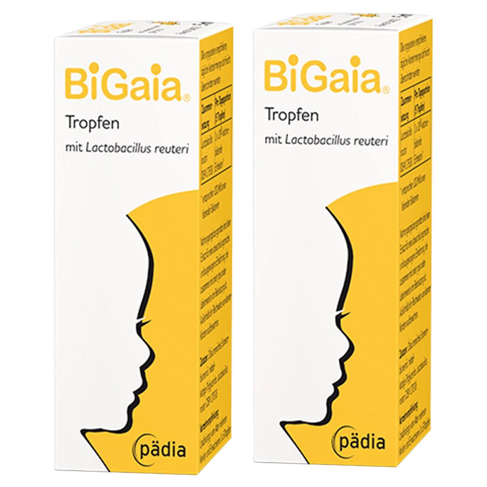 Zwei Schachteln BiGaia Tropfen. Weiße und gelbe Verpackung mit seitlichem Profil. Schriftzug: BiGaia, Tropfen, mit Lactobacillus reuteri.