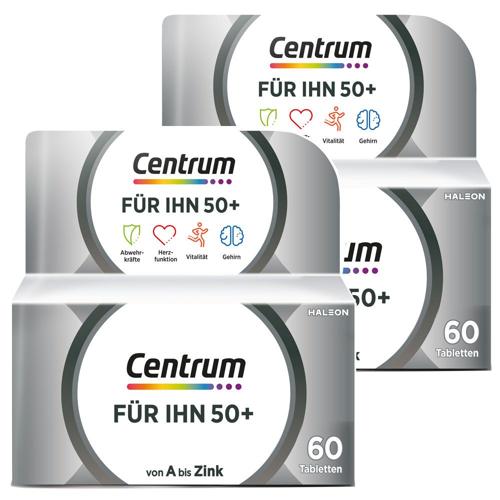 Mehrere Packungen Centrum® Für Ihn 50+. Aufdruck: Marke, Produktname, Icons, 60 Tabletten. Graue Verpackung mit weißem Kreis.