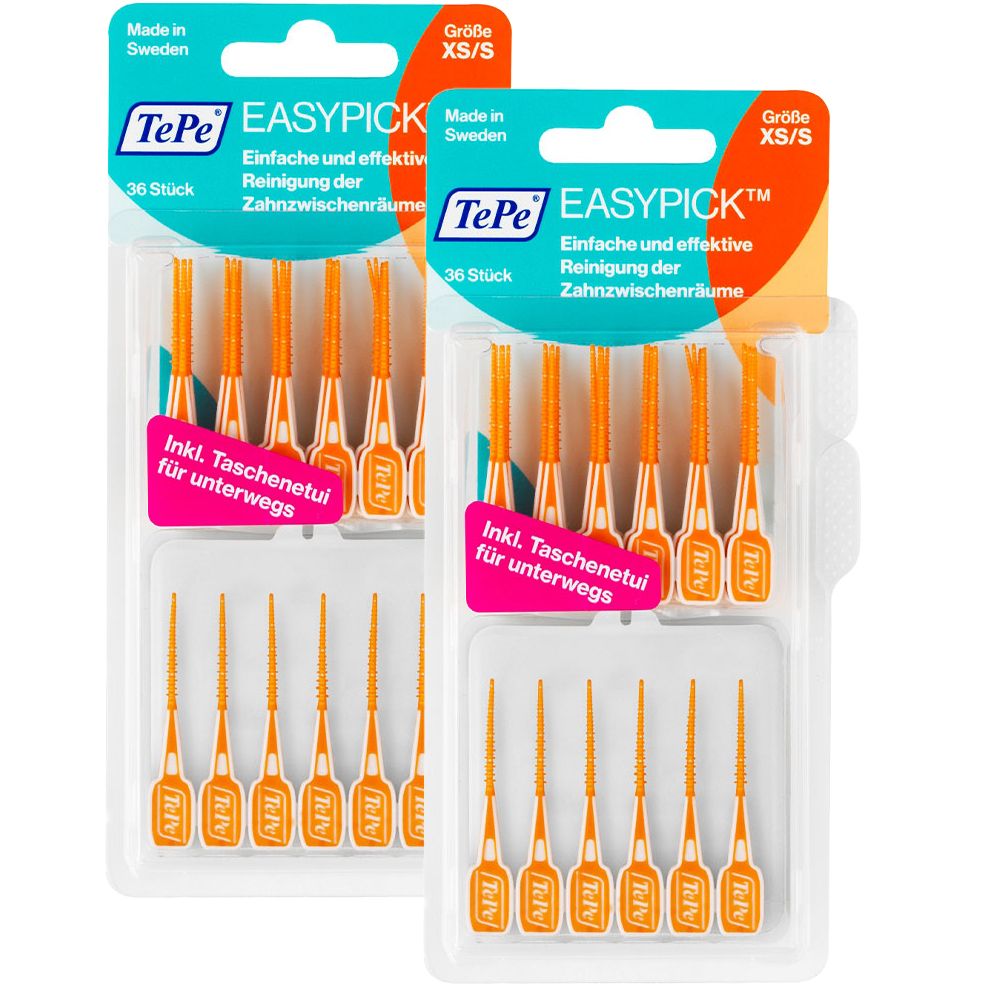 Zwei Packungen TePe EasyPick XS/S. Orangefarbene Zahnzwischenraumbürsten in Kunststoffverpackung. 36 Stück. Inkl. Taschentui.