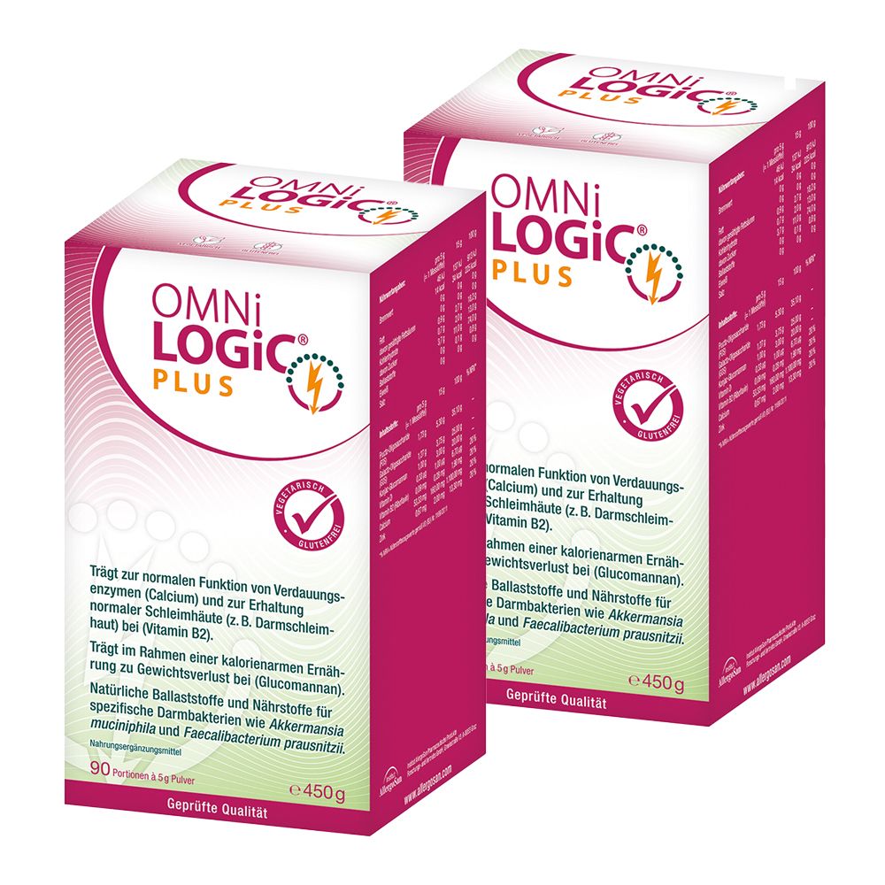 Deux boîtes rectangulaires OMNi-LOGiC PLUS. Inscriptions : certifications, informations sur le contenu et 450g.