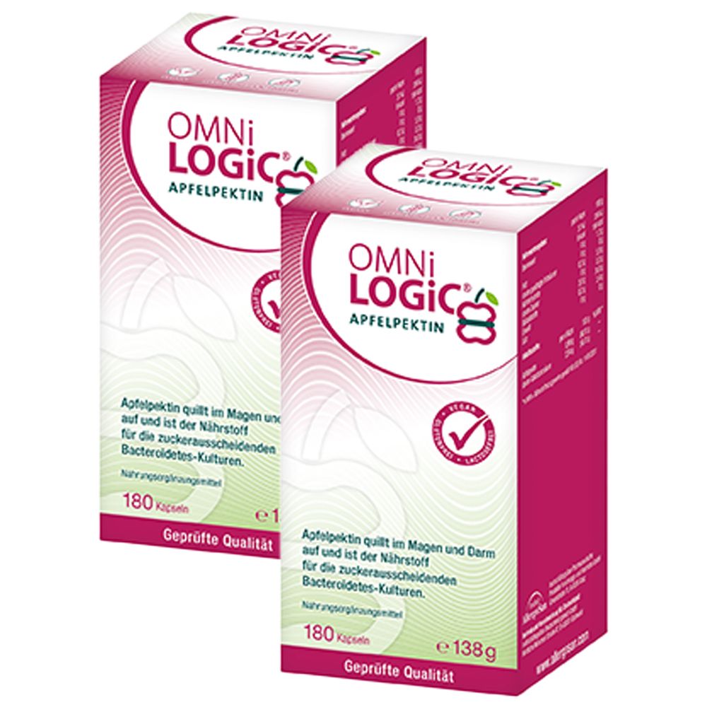 Zwei Kartons OMNi-LOGiC Apfelpektin. Weiß-rosa Verpackung mit Logo und Produktbezeichnung. 180 Kapseln, geprüft.