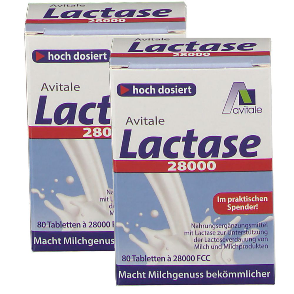 Zwei Schachteln Avitale Lactase 28000. Aufschrift: hoch dosiert, 80 Tabletten. Milch-Illustration. Text: Macht Milchgenuss bekömmlicher.