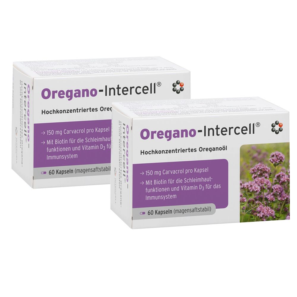 Zwei weiße Schachteln mit „Oregano-Intercell“. Aufschrift: 150 mg Carvacrol, Biotin, Vitamin D3. 60 Kapseln.