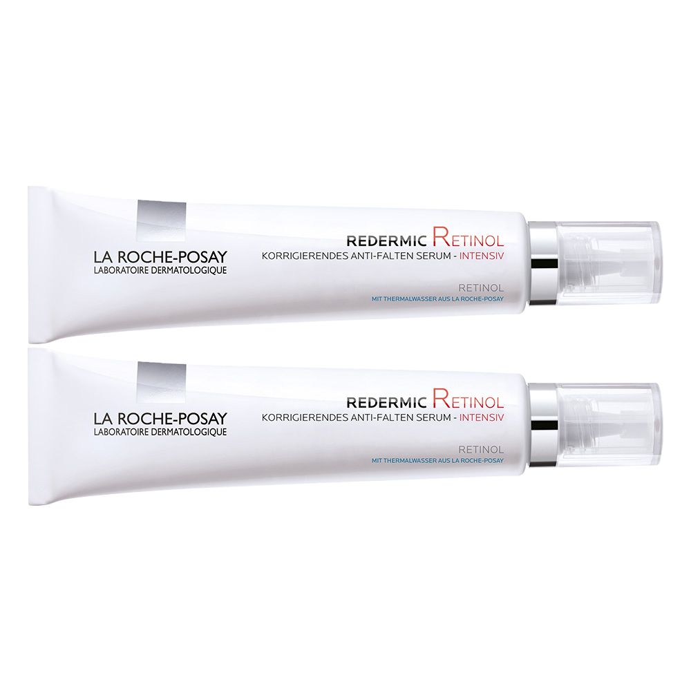Zwei Tuben La Roche-Posay Redermic Retinol. Weiße Tuben mit silbernen Verschlüssen. Aufdruck: Redermic Retinol, Laboratoire Dermatologique.