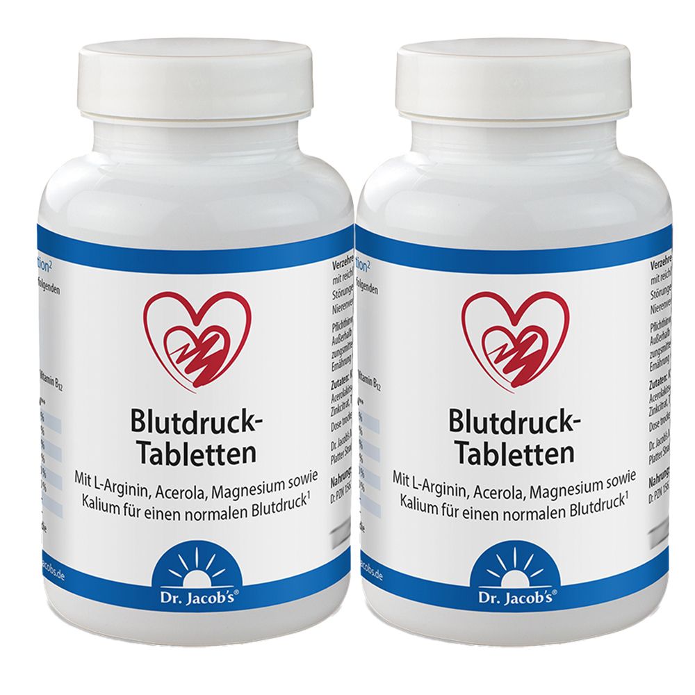 Zwei weiße Flaschen mit Tabletten. Aufschrift: Blutdruck-Tabletten. Logo: Herz. Marke: Dr. Jacob's.