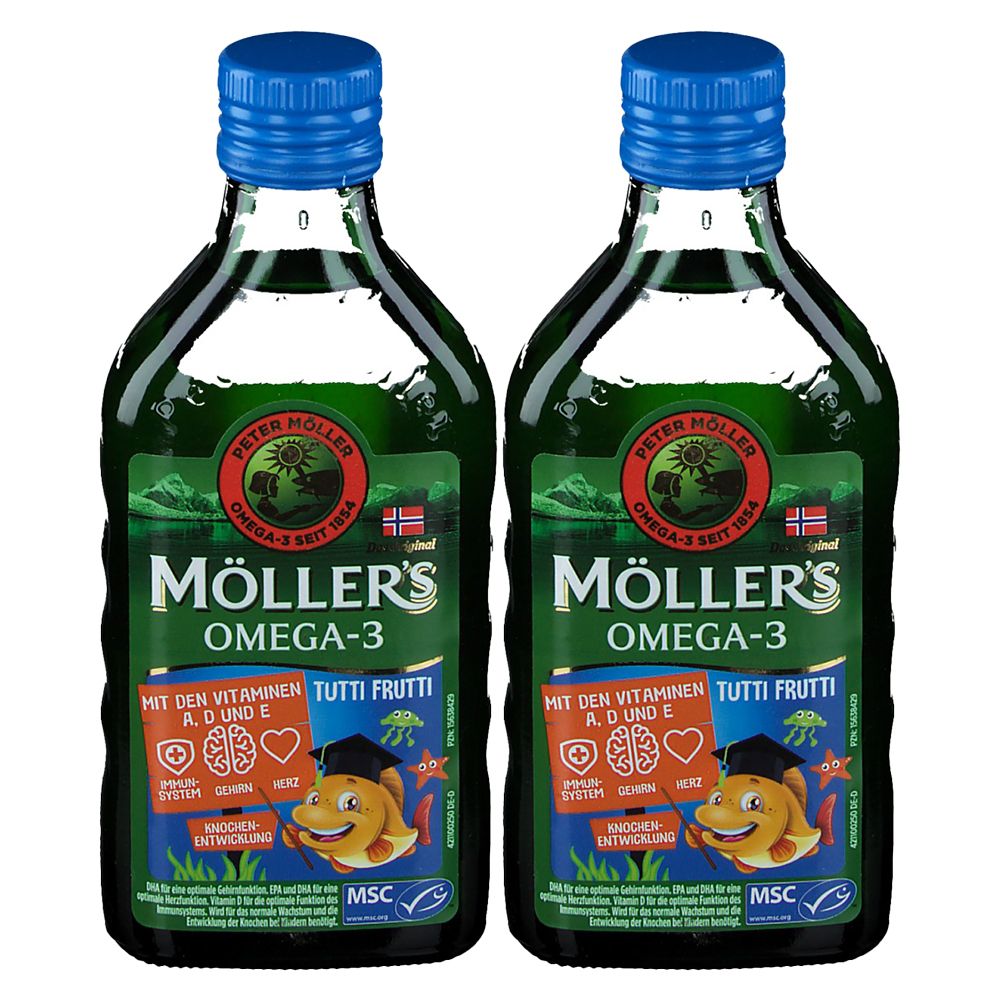 Zwei Flaschen MÖLLERS Omega-3 Kids. Grüne Flüssigkeit in Glasflaschen mit blauem Schraubverschluss. Etikett mit Logo und Text.