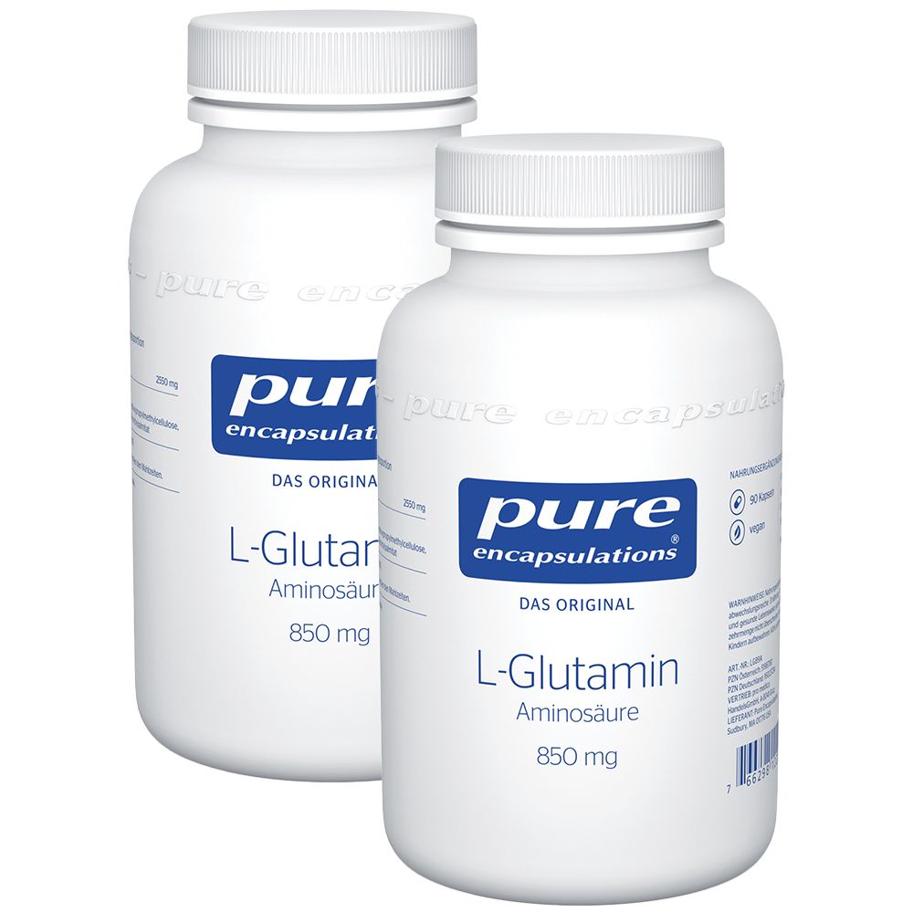 Zwei weiße Flaschen mit blauen Etiketten. Aufschrift: pure encapsulations L-Glutamin Aminosäure 850 mg.