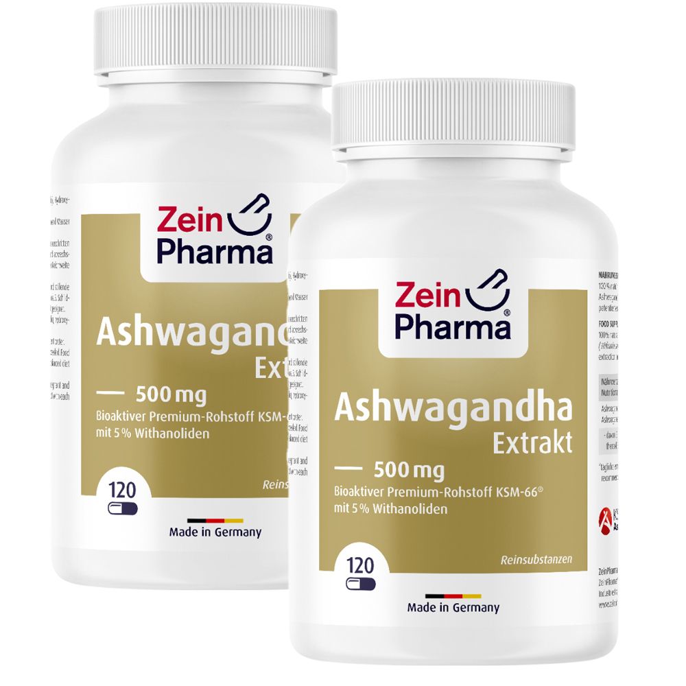 Zwei weiße Flaschen mit Kapseln. Aufschrift: Ashwagandha Extrakt, 500 mg, Zein Pharma. 120 Kapseln. Hergestellt in Deutschland.