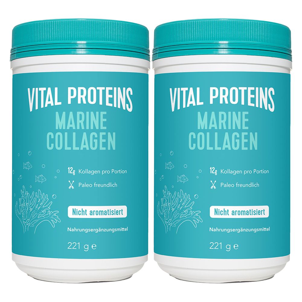 Zwei zylindrische Behälter mit blauem Deckel und Etikett. Aufschrift: Vital Proteins Marine Collagen. Enthält 12g Kollagen pro Portion, 221g.
