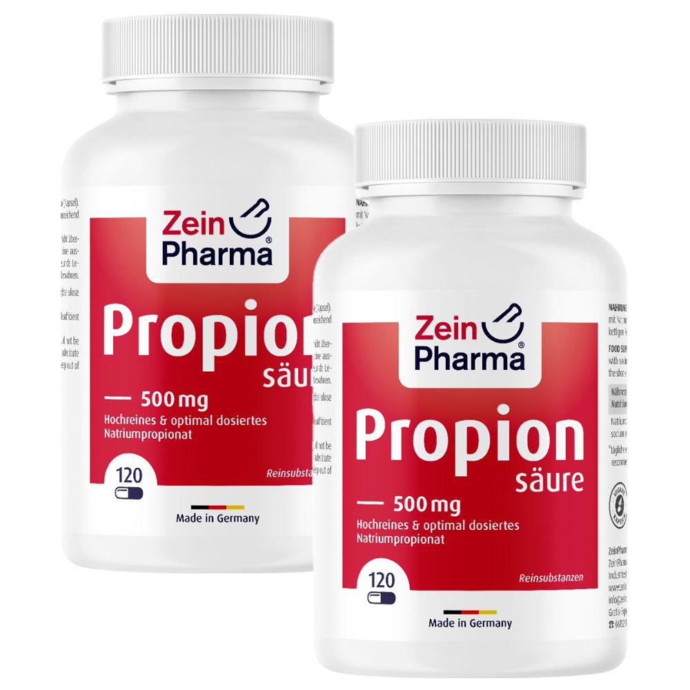 Zwei weiße Flaschen mit rotem Etikett. Aufschrift: Zein Pharma, Propionsäure 500 mg, 120 Kapseln. Hergestellt in Deutschland.