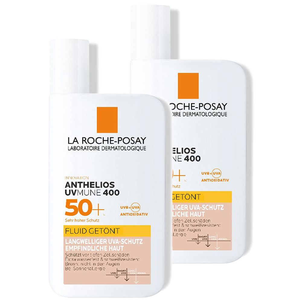 Zwei weiße Flaschen mit orangefarbenen Akzenten. Aufschrift: La Roche-Posay Anthelios UVMune 400 LSF 50+ Fluid Getönt.