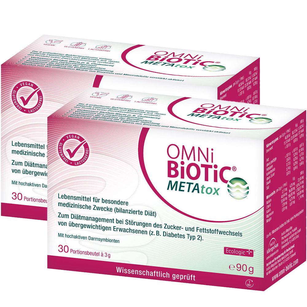 Deux boîtes OMNi BiOTiC METAtox. Emballage rose et blanc avec nom du produit, logo et texte. Label végan.