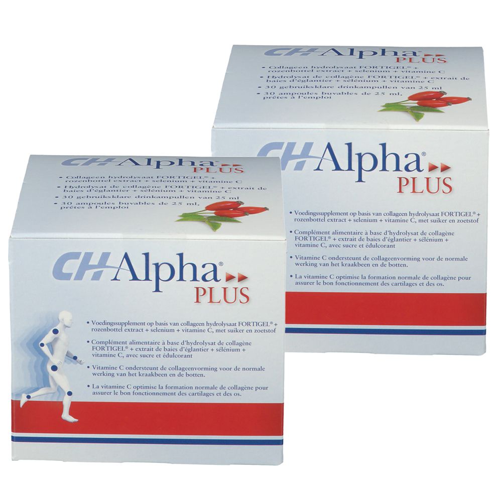 Zwei weiße Kartons mit roter und blauer Schrift. Aufschrift: CH Alpha Plus. Auf einem Karton ist eine Abbildung eines laufenden Mannes.