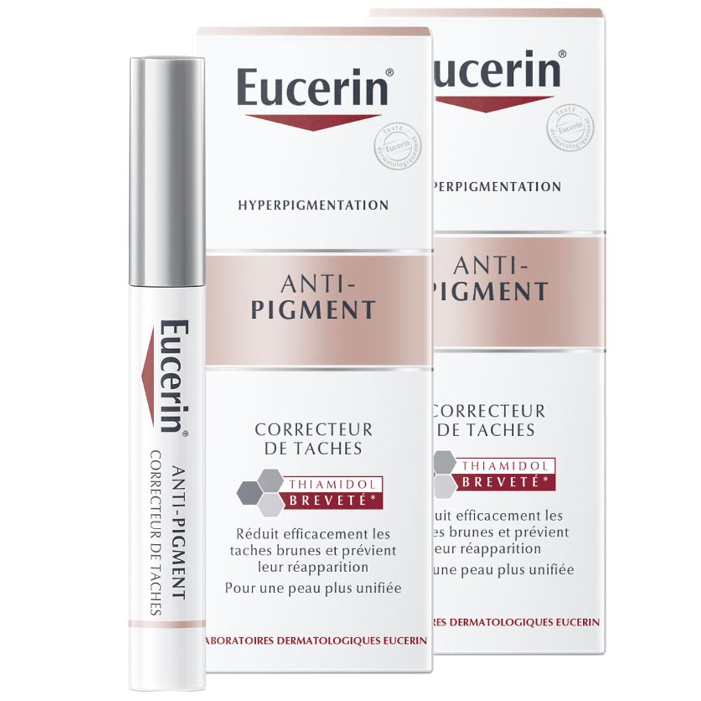 Korrekturstift und zwei Verpackungen. Aufschrift: Eucerin Anti-Pigment, Correcteur de Taches. Enthält Thiamidol.