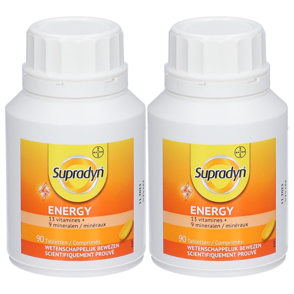 Zwei weiße Flaschen mit gelb-orangenen Etiketten. Aufschrift: Supradyn Energy, 13 Vitamine + 9 Mineralien. 90 Tabletten.