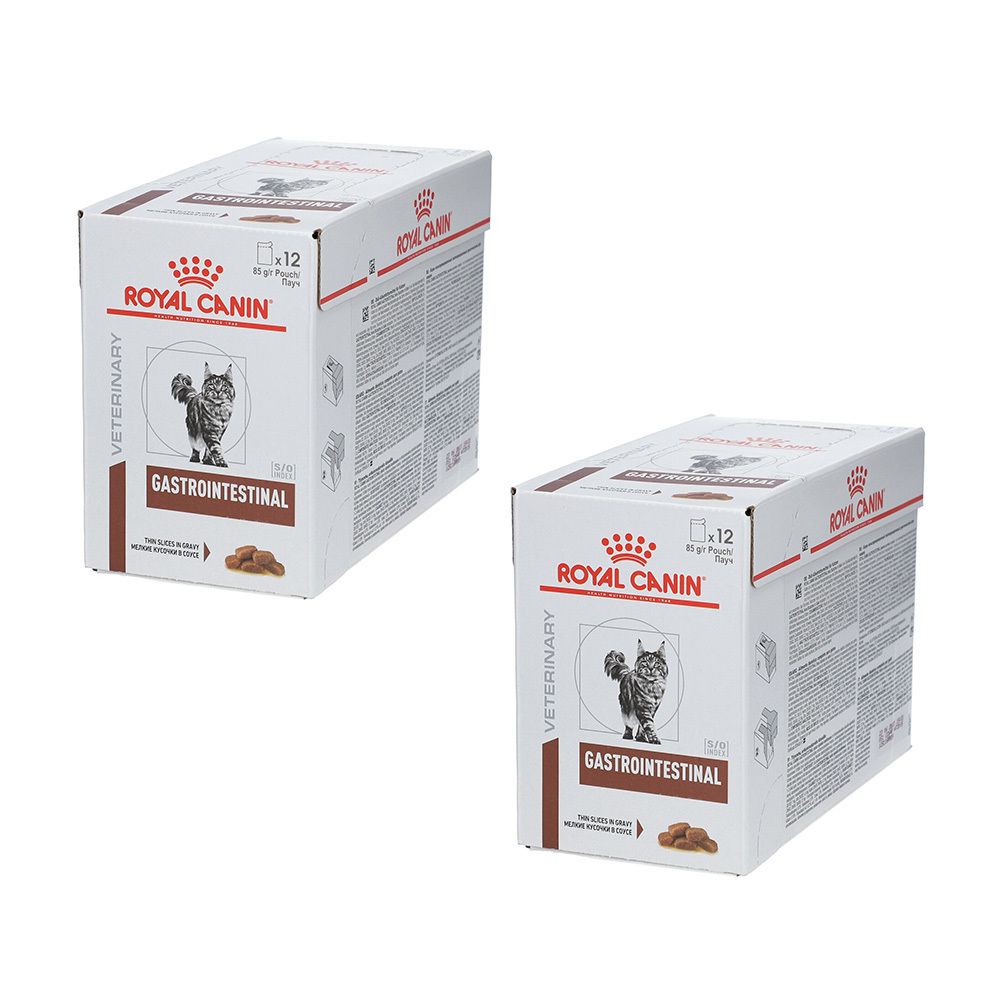 Deux boîtes ROYAL CANIN® Gastro Intestinal Low Fat Katze. Blanches avec logo, chat et nom du produit. 12 sachets.