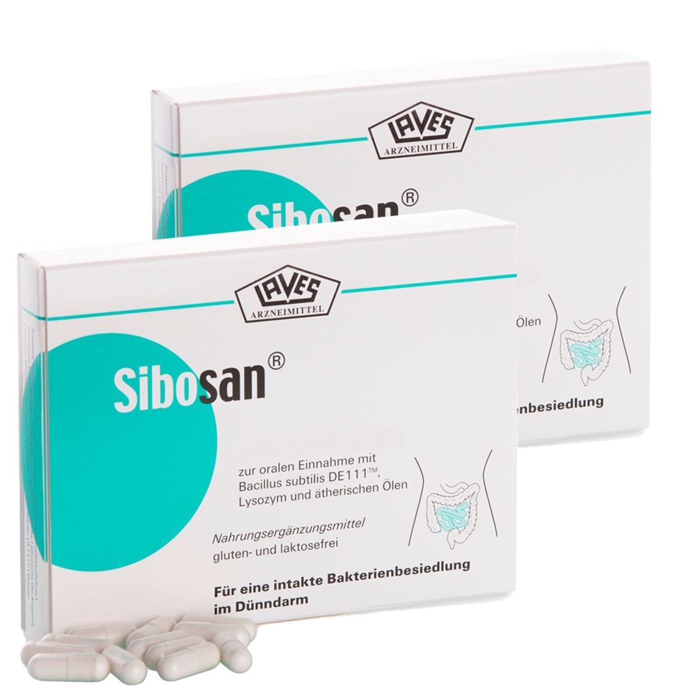 Zwei weiße Schachteln mit Sibosan® Kapseln. Aufdruck: LAVES, Sibosan®, Text zur oralen Einnahme, Abbildung des Darms. Einige Kapseln liegen davor.