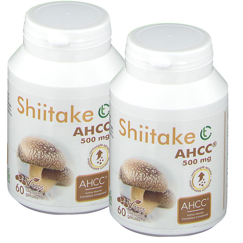 Deux flacons blancs avec Shiitake AHCC 500 mg. Image d'un champignon. 60 gélules. Gélules végétales.