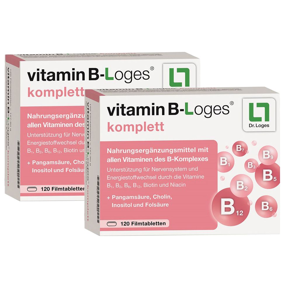 Deux boîtes de Vitamin B-Loges komplett. Boîtes blanches avec accents roses et informations sur le produit. 120 comprimés.