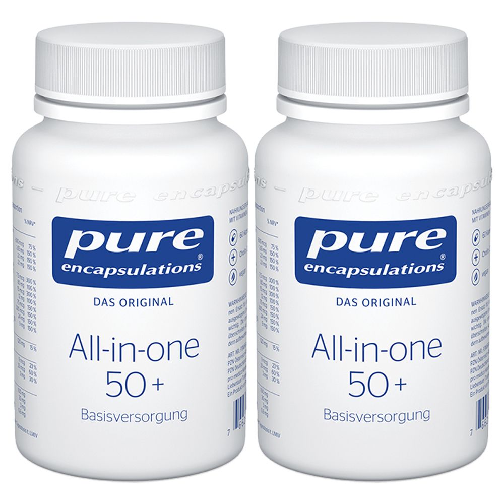 Zwei weiße Flaschen Pure Encapsulations All-in-one 50+ mit blauen Etiketten. Aufschrift: Das Original, Basisversorgung.