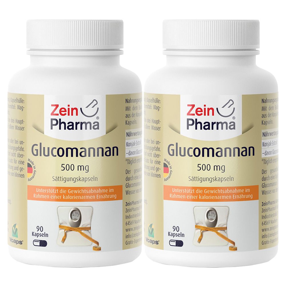 Deux flacons blancs de gélules. Inscription : Zein Pharma, Glucomannan 500 mg, Sättigungskapseln. 90 gélules.