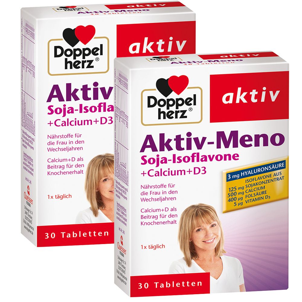 Zwei Schachteln Doppelherz aktiv Aktiv-Meno Tabletten. Aufschrift: Soja-Isoflavone + Calcium + D3. 30 Tabletten. Frau abgebildet.