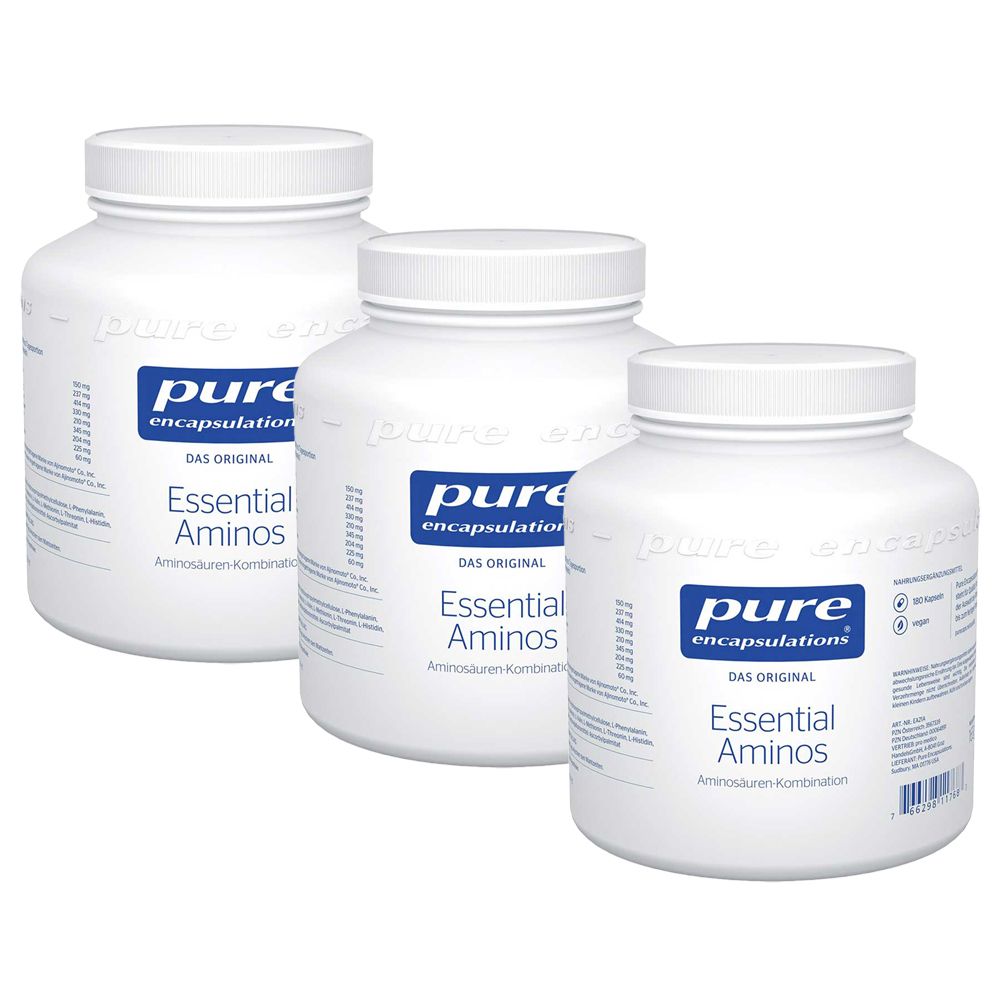 Drei weiße Flaschen mit Etiketten. Aufschrift: Pure Encapsulations Essential Aminos. Aminosäuren-Konzentration.