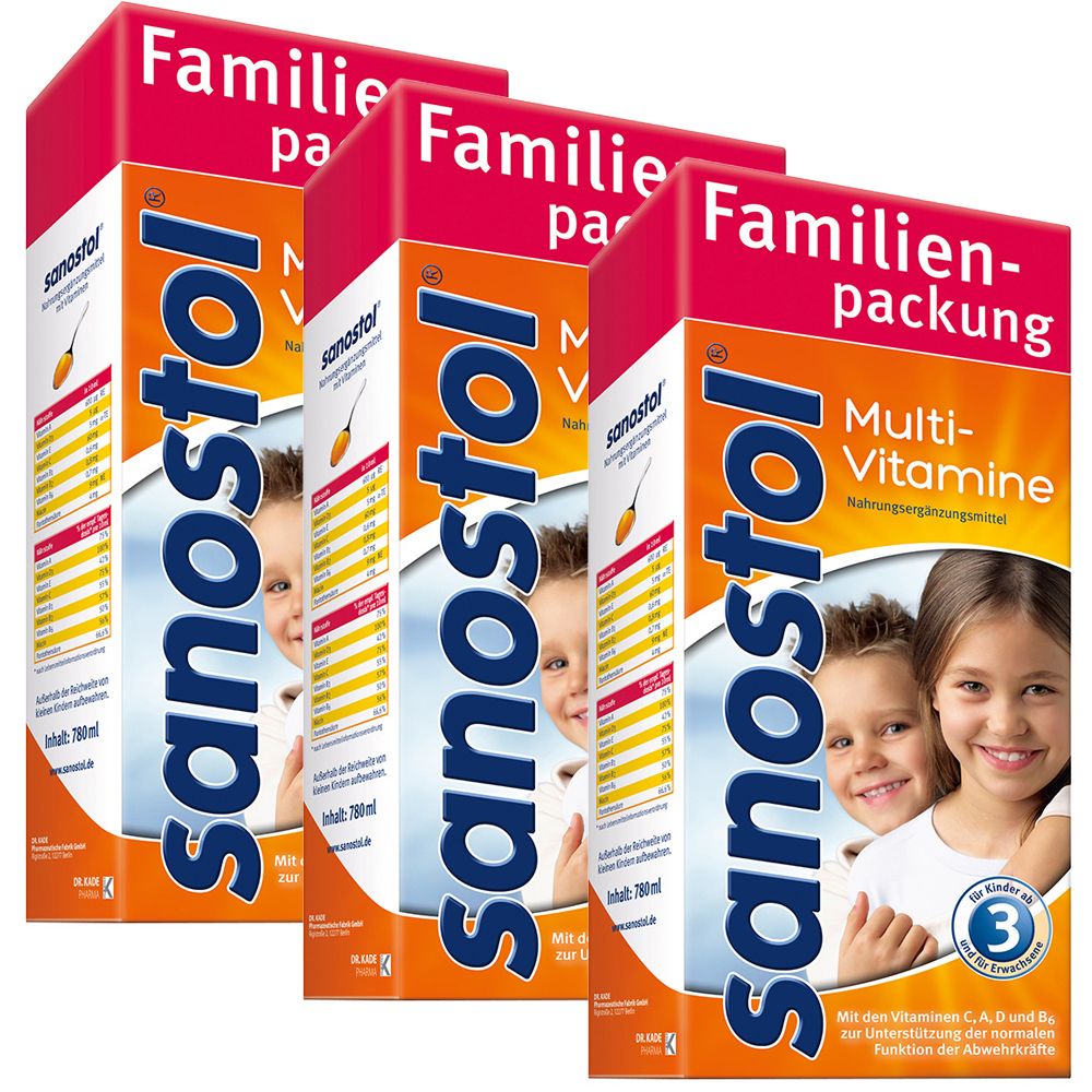 Quatre boîtes de Sanostol Multi-Vitamine. Inscription : Emballage familial, Multi-Vitamine, pour enfants à partir de 3 ans. Contient des vitamines C, A, D et B.