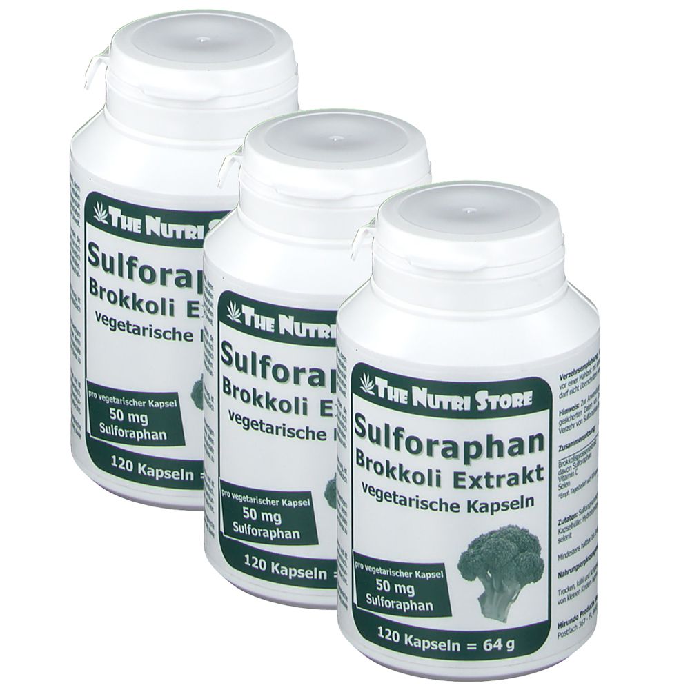 Trois flacons blancs avec étiquettes. Inscription : Sulforaphan Brokkoli Extrakt, 120 capsules. Marque : The Nutri Store.