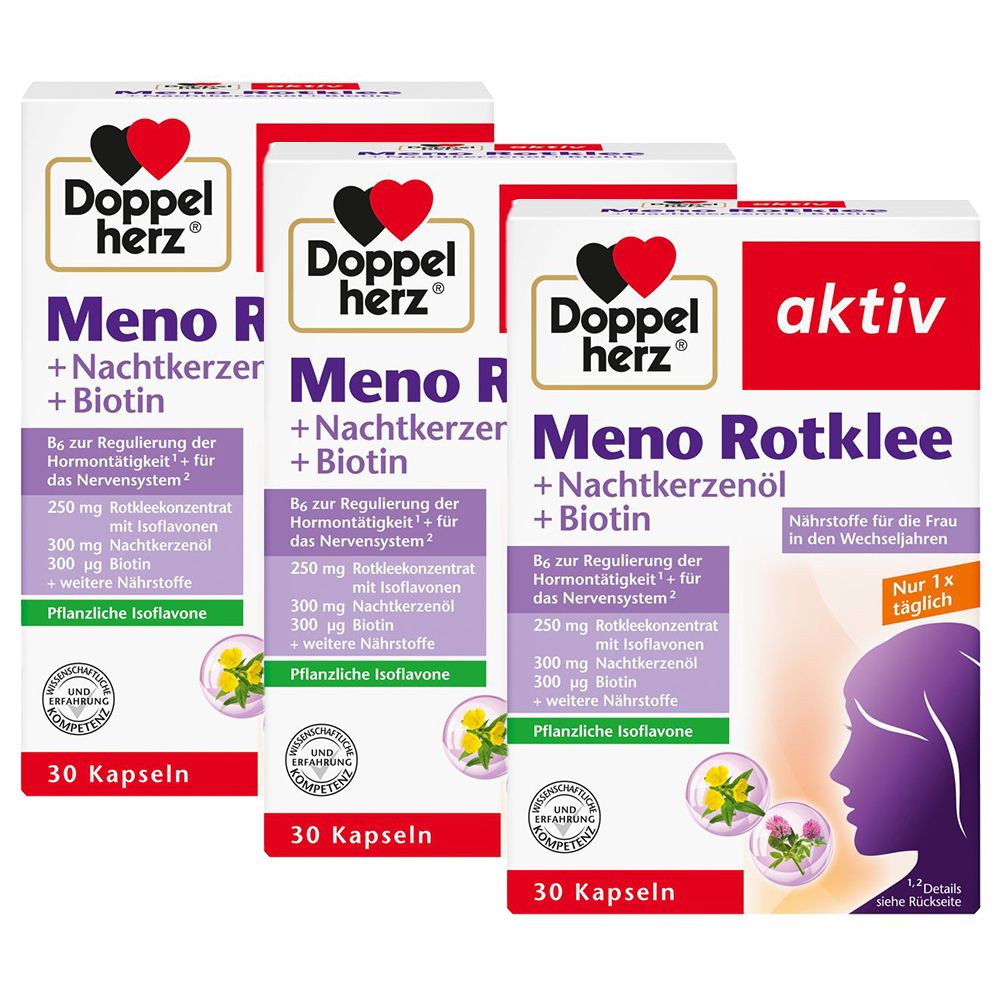 Drei Packungen Doppelherz aktiv Meno Rotklee + Nachtkerzenöl + Biotin. Jede Packung enthält 30 Kapseln. Aufdrucke: Marke, Produktname, Inhaltsstoffe.