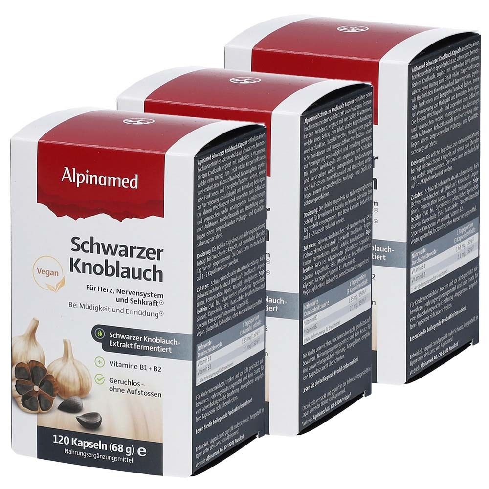 Drei Schachteln ALPINAMED® Schwarzer Knoblauch. Schwarze Knoblauch-Abbildung, veganes Siegel, Text. 120 Kapseln.
