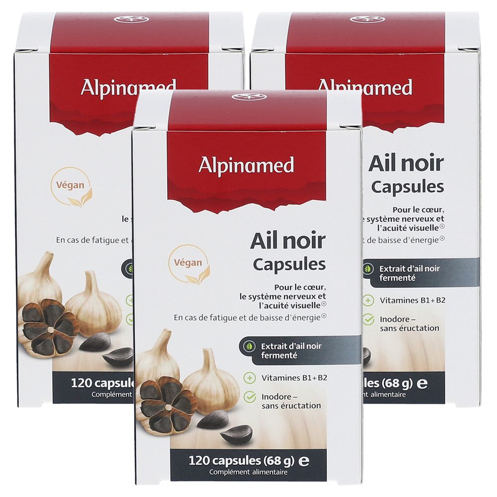 Drei Schachteln ALPINAMED® Ail noir Capsules. Schwarze Knoblauch-Abbildung, veganes Siegel, Text. 120 Kapseln.