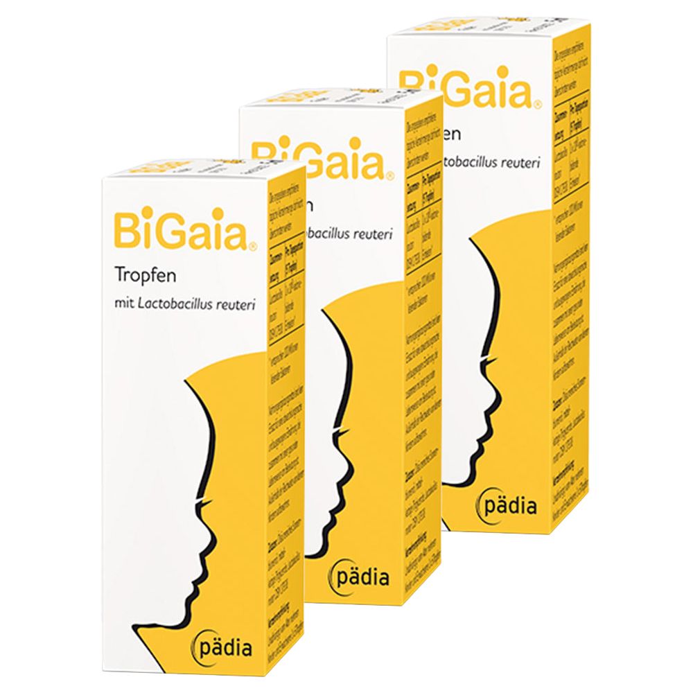 Drei Schachteln BiGaia Tropfen. Weiße Verpackung mit gelbem Akzent und Profilbild. Schriftzug: Tropfen mit Lactobacillus reuteri.
